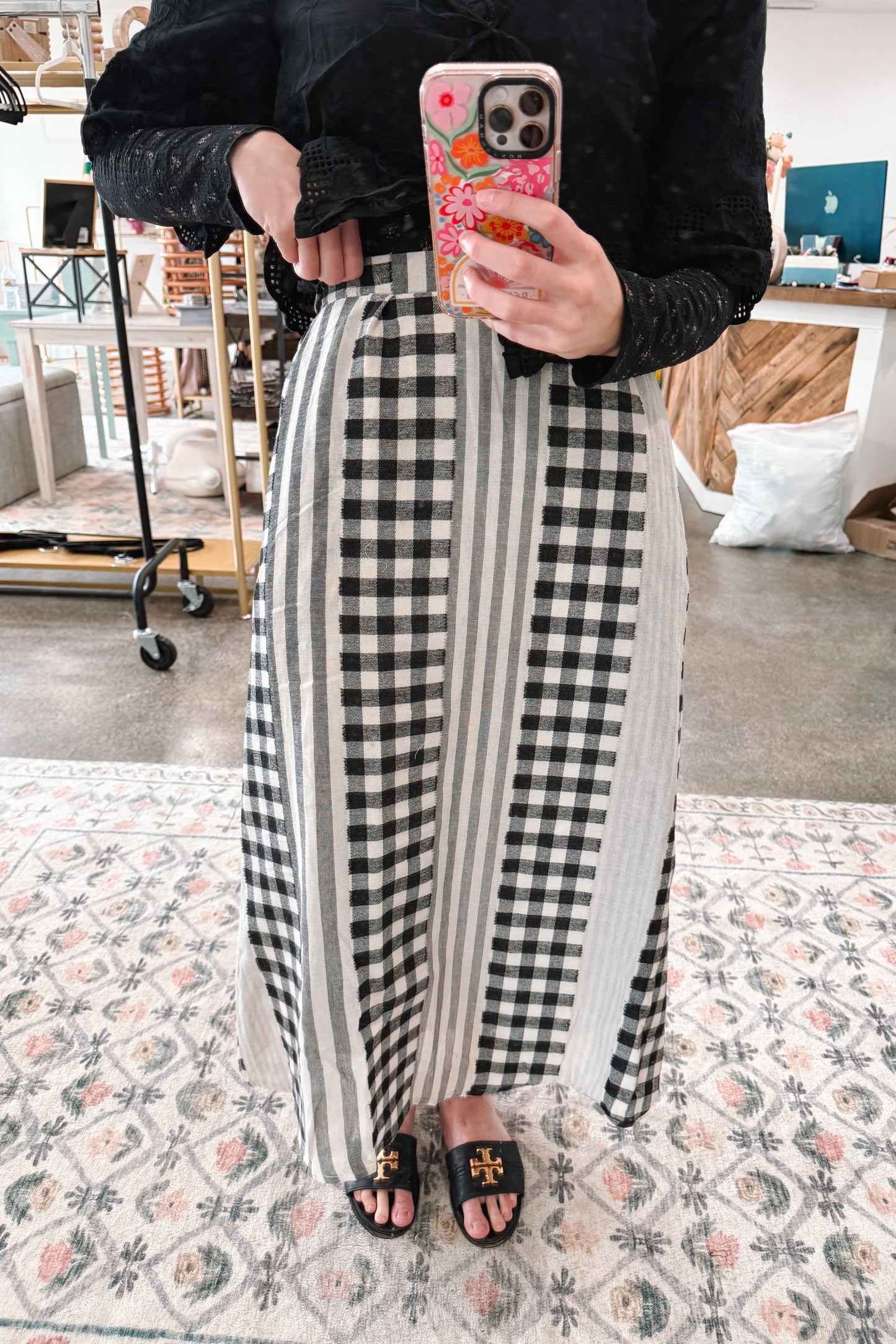 Black Gingham Mix Skirt - LARGE