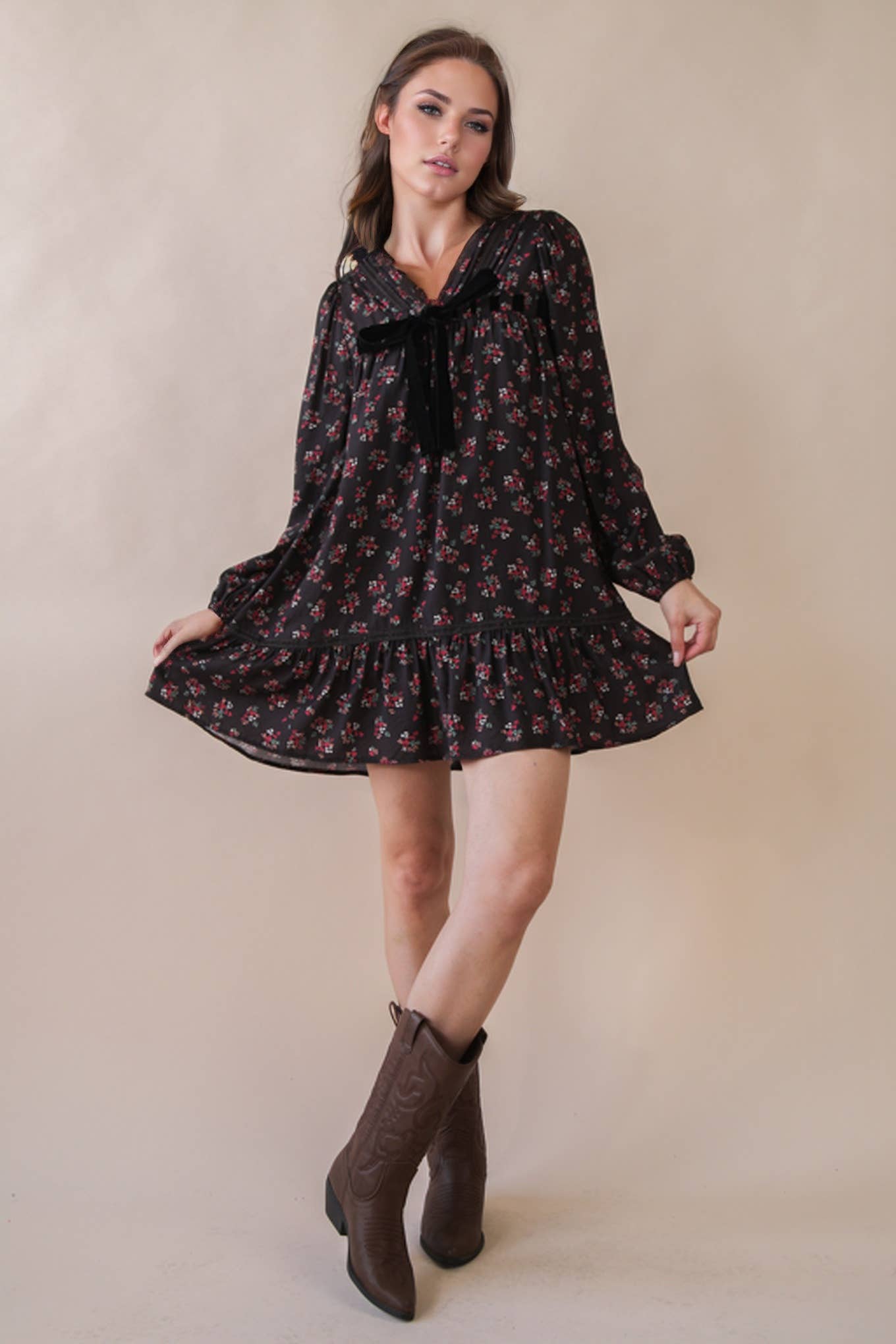 Black Floral Velvet Bow Dress