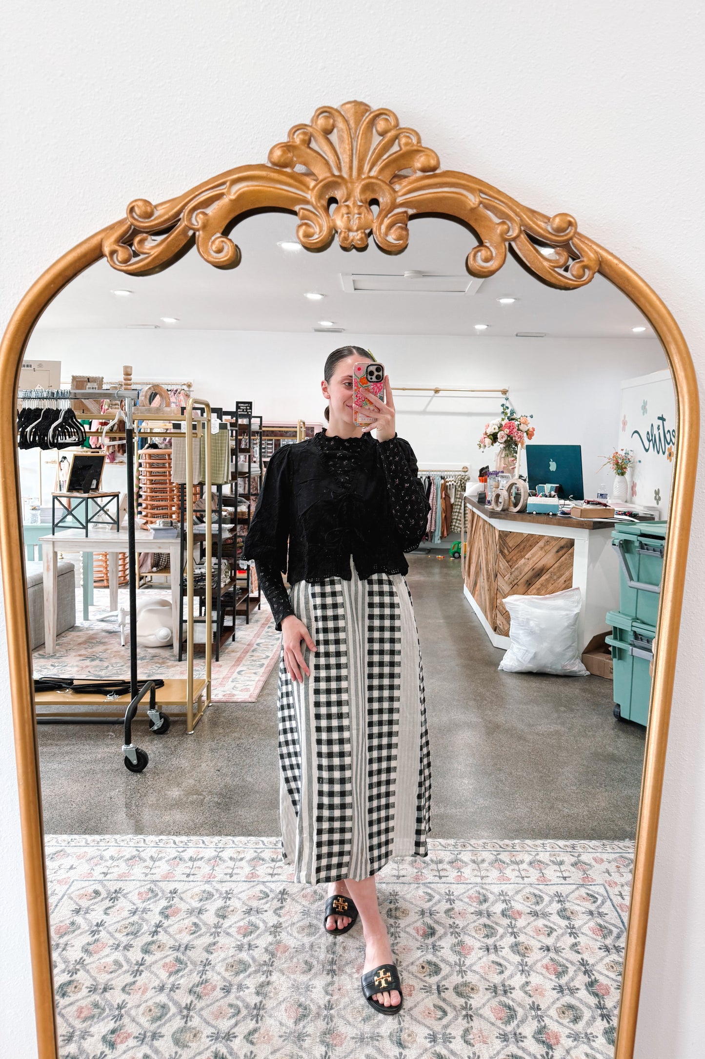 Black Gingham Mix Skirt - LARGE