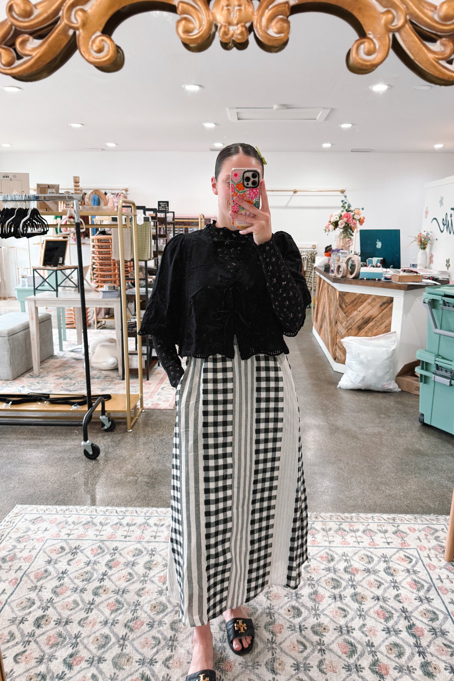 Black Gingham Mix Skirt - LARGE