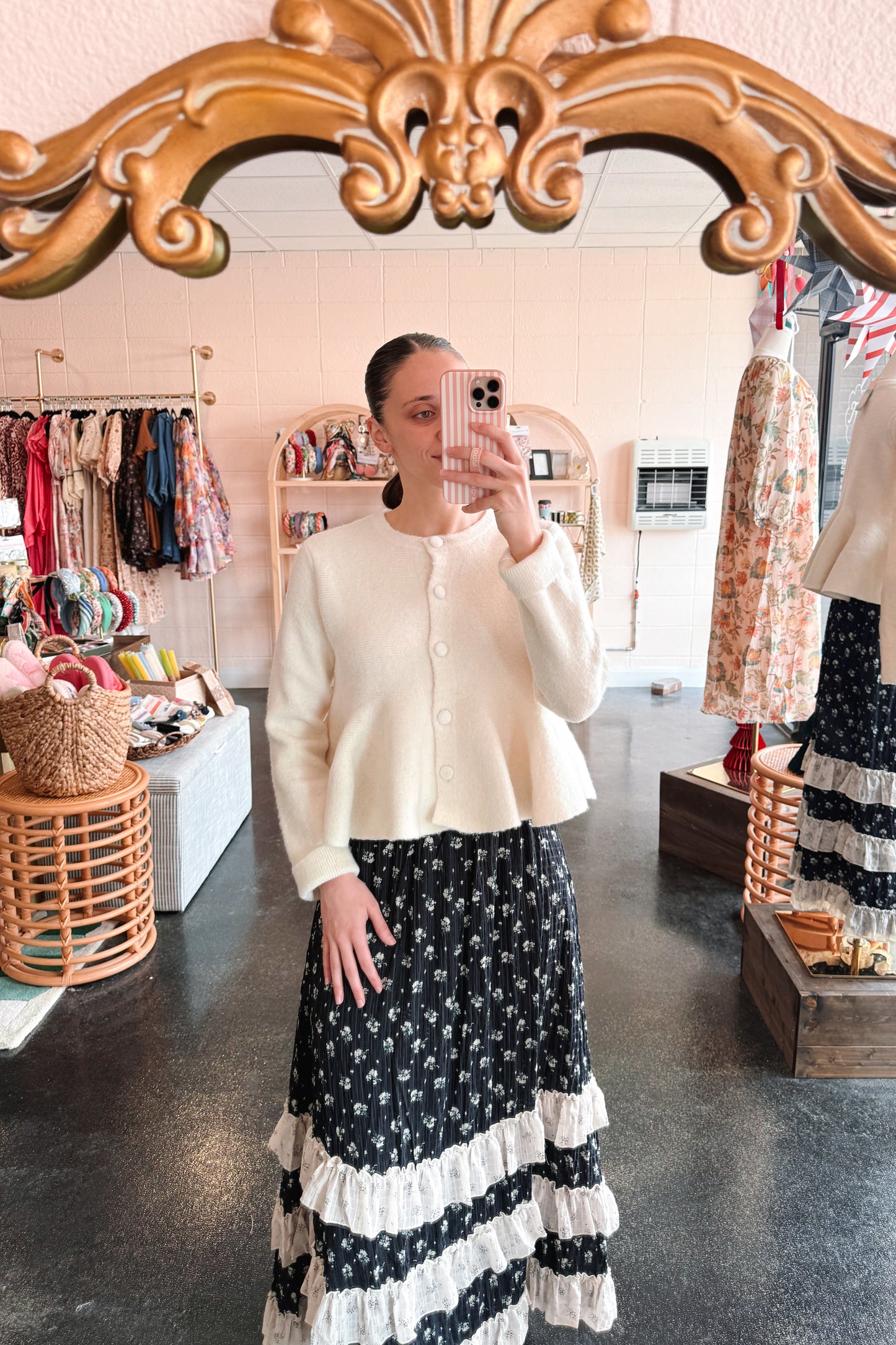 Navy Contrast Floral Skirt