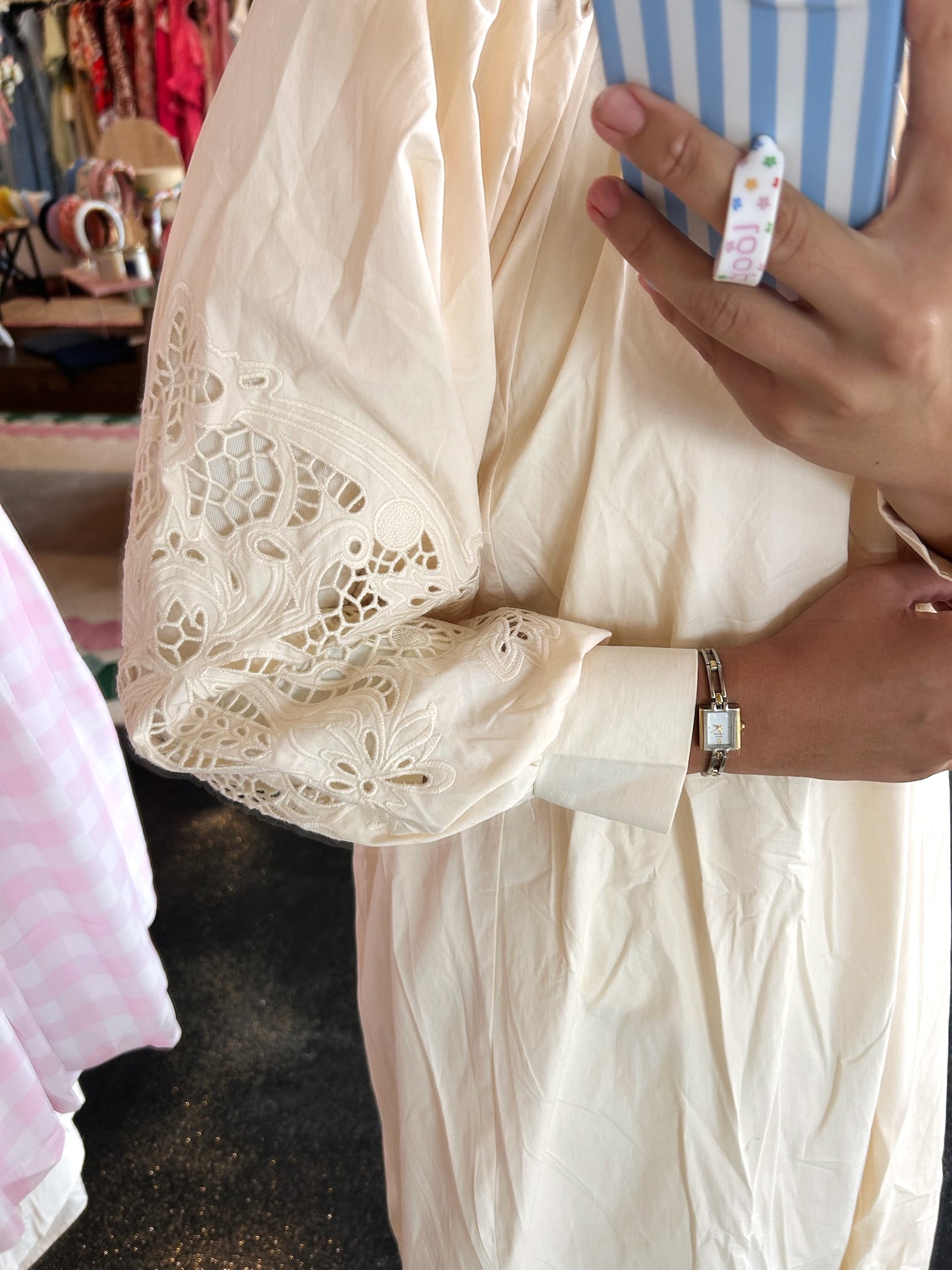 Cream Openwork Embroidery Dress