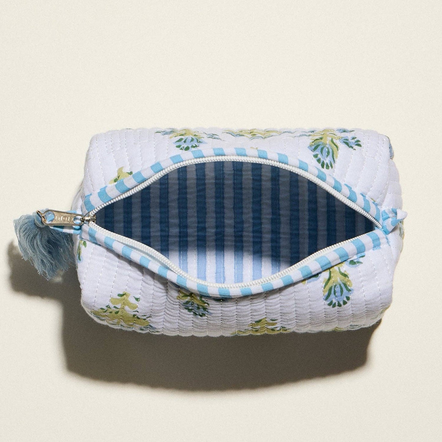 Light Blue Quilted Floral Cosmetic Pouch | Zipper Makeup Bag with Tassel