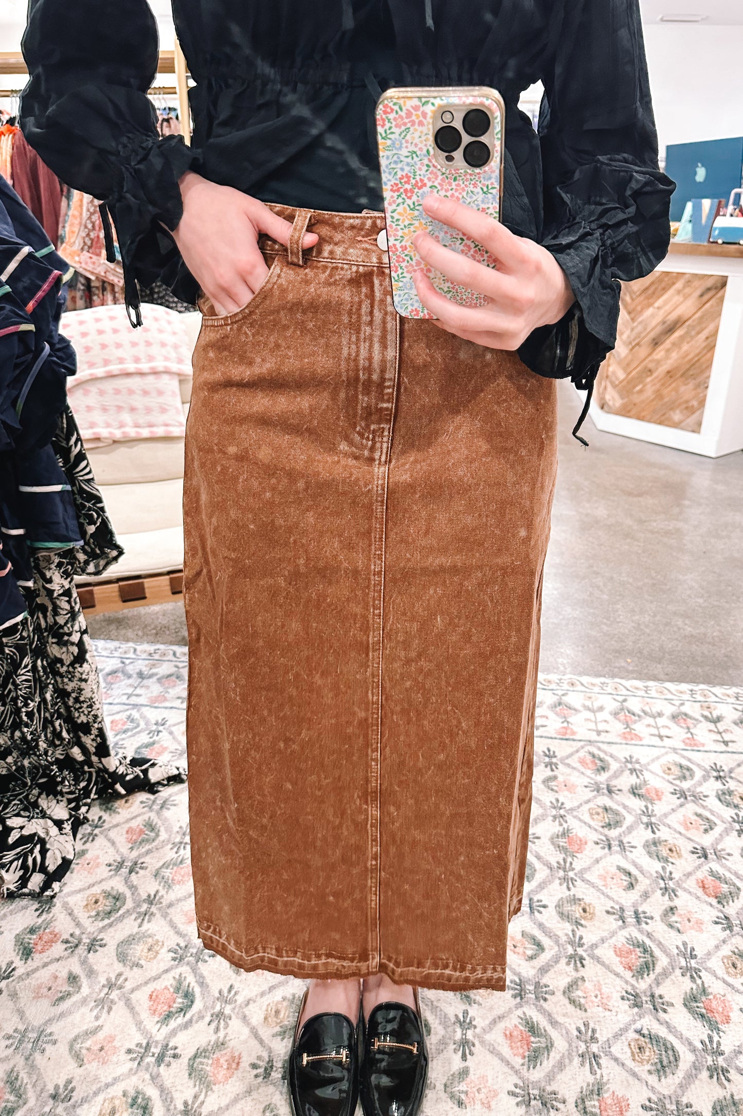 Brown Denim Maxi Skirt - SMALL