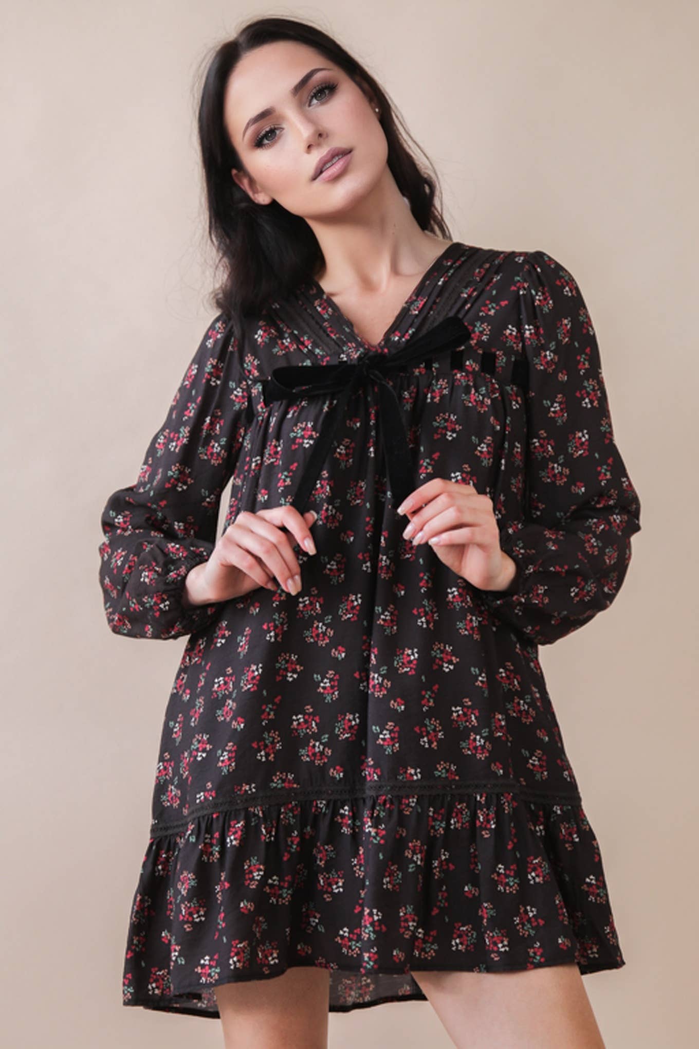 Black Floral Velvet Bow Dress