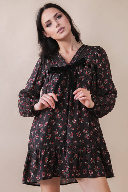 Black Floral Velvet Bow Dress