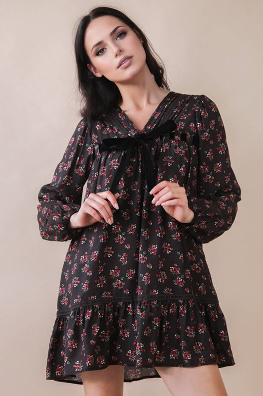 Black Floral Velvet Bow Dress