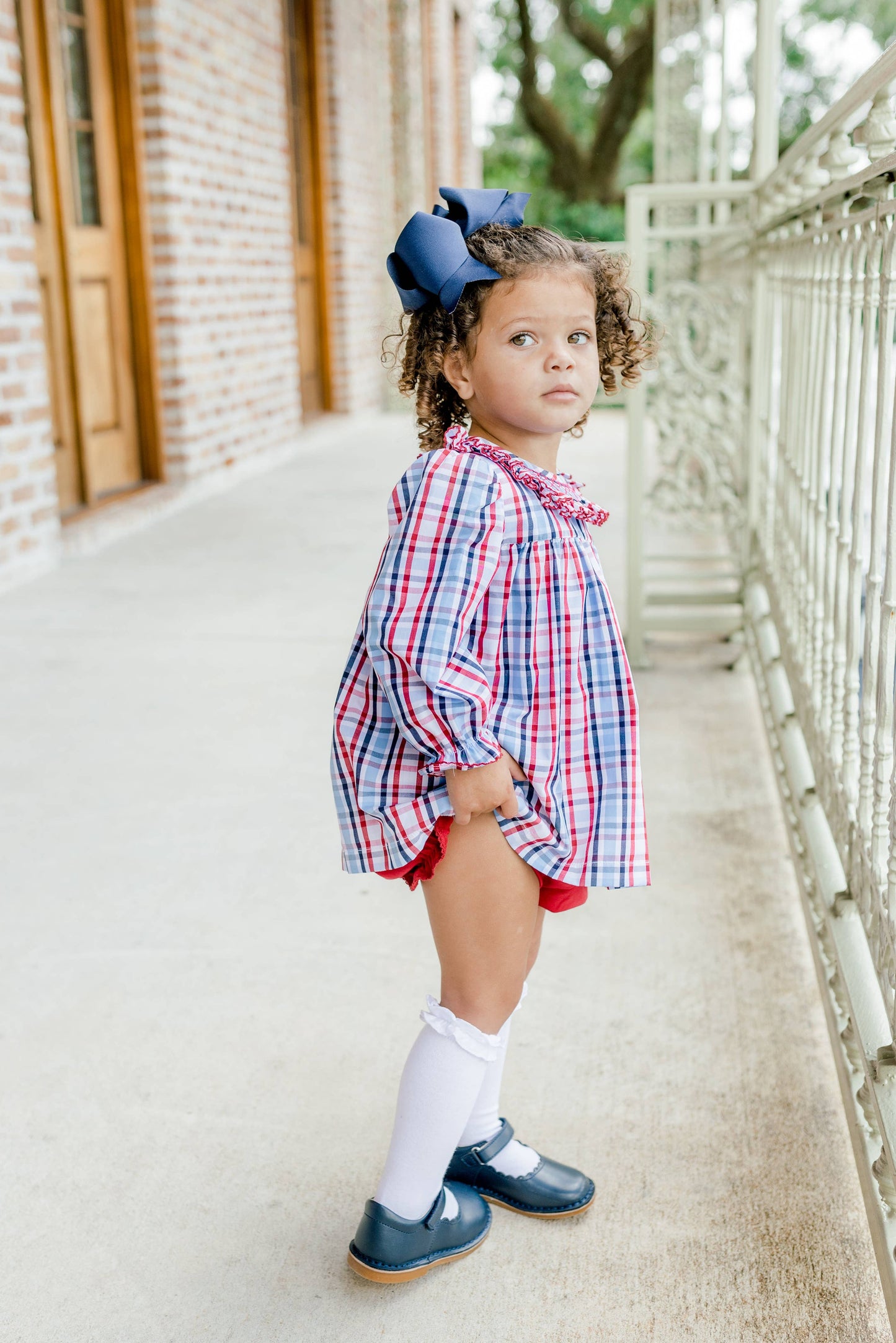 Red and Navy Plaid Smocked Bubble Short Set