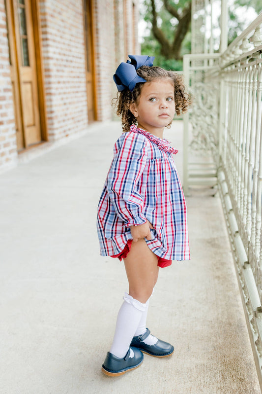 Red and Navy Plaid Smocked Bubble Short Set