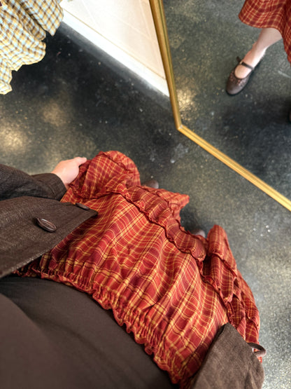 Red Ruffle Detail Plaid Skirt