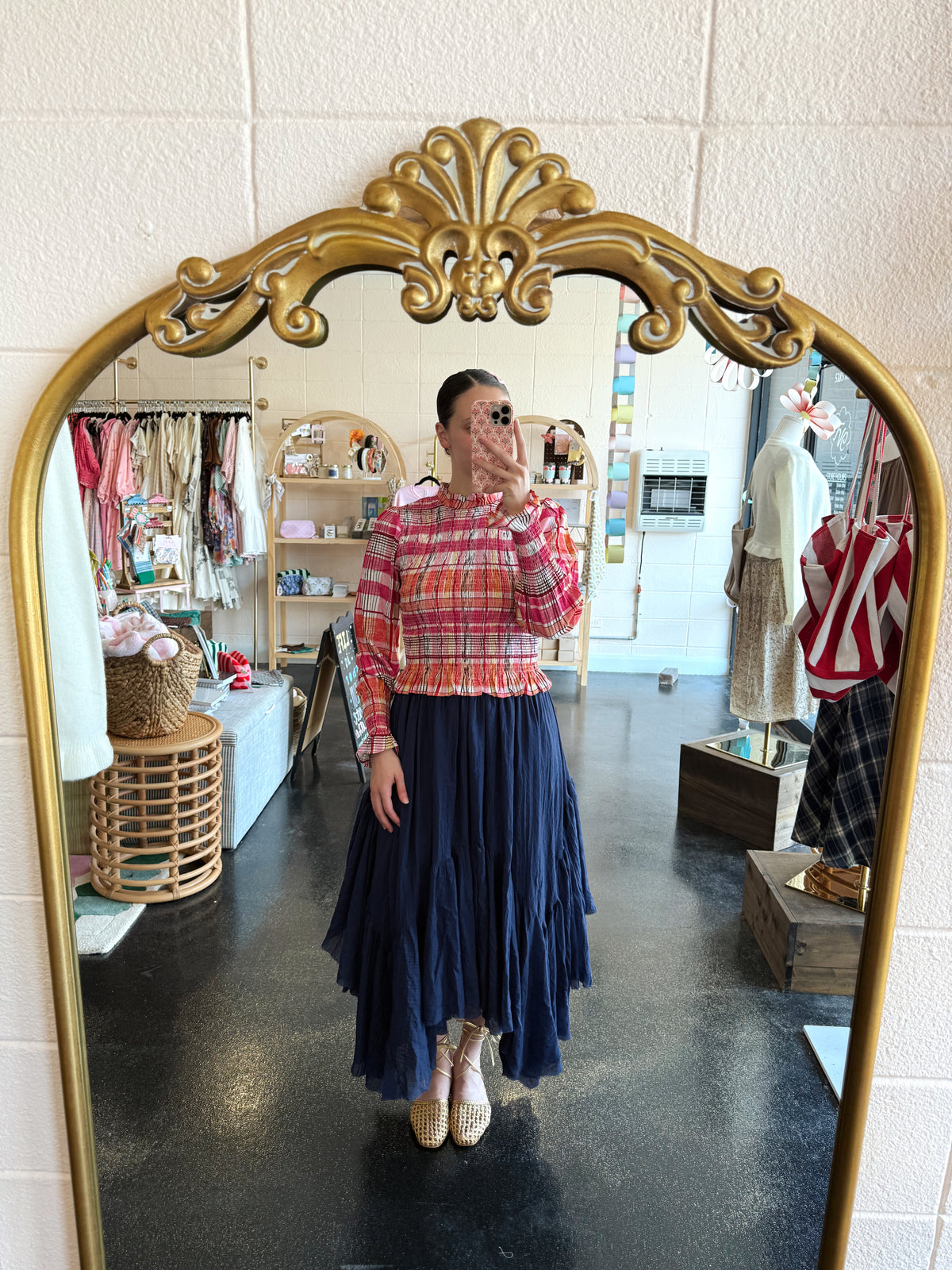 Pink Check Smocked Top