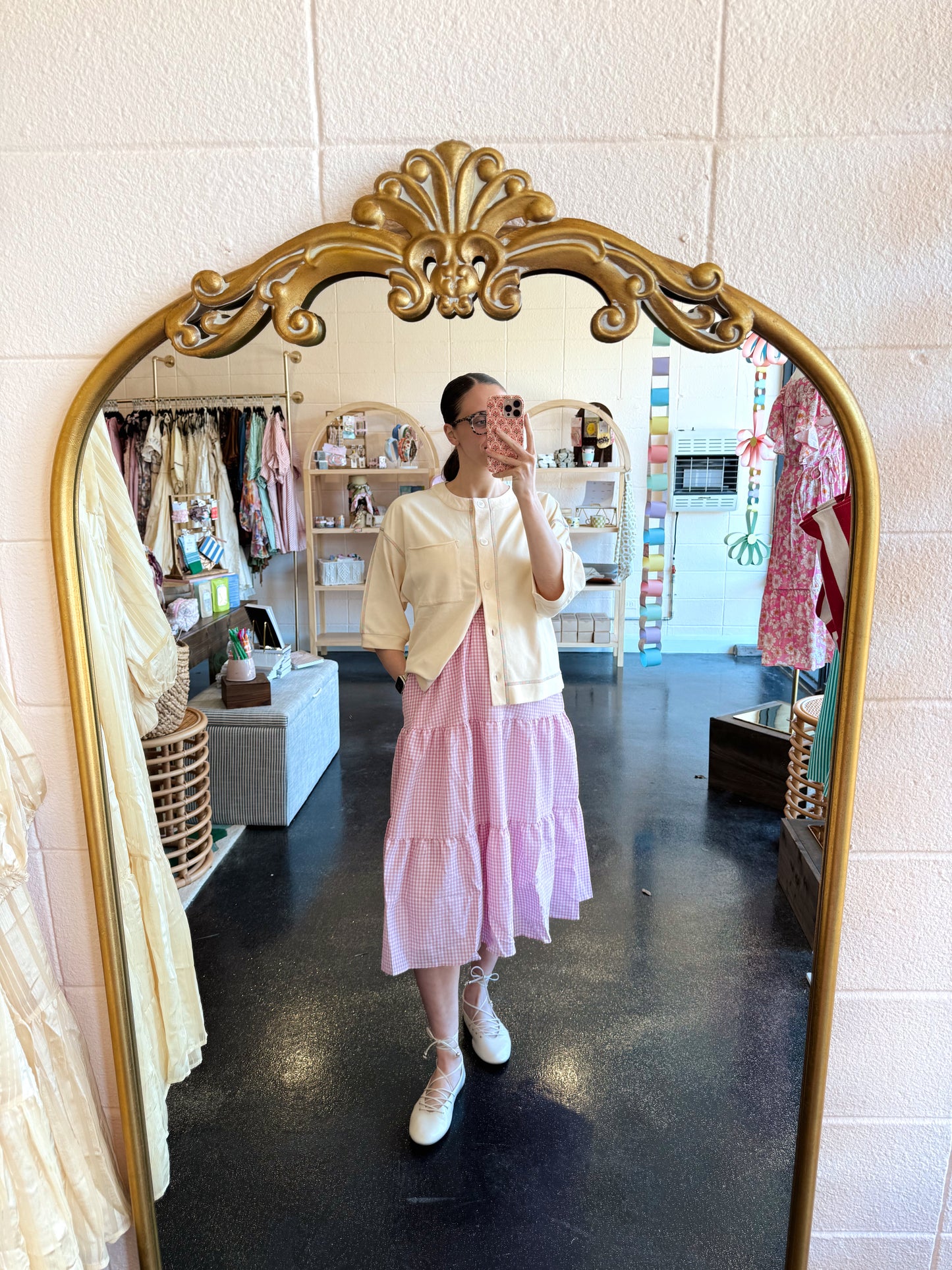 Pink Tiered Gingham Skirt - SMALL