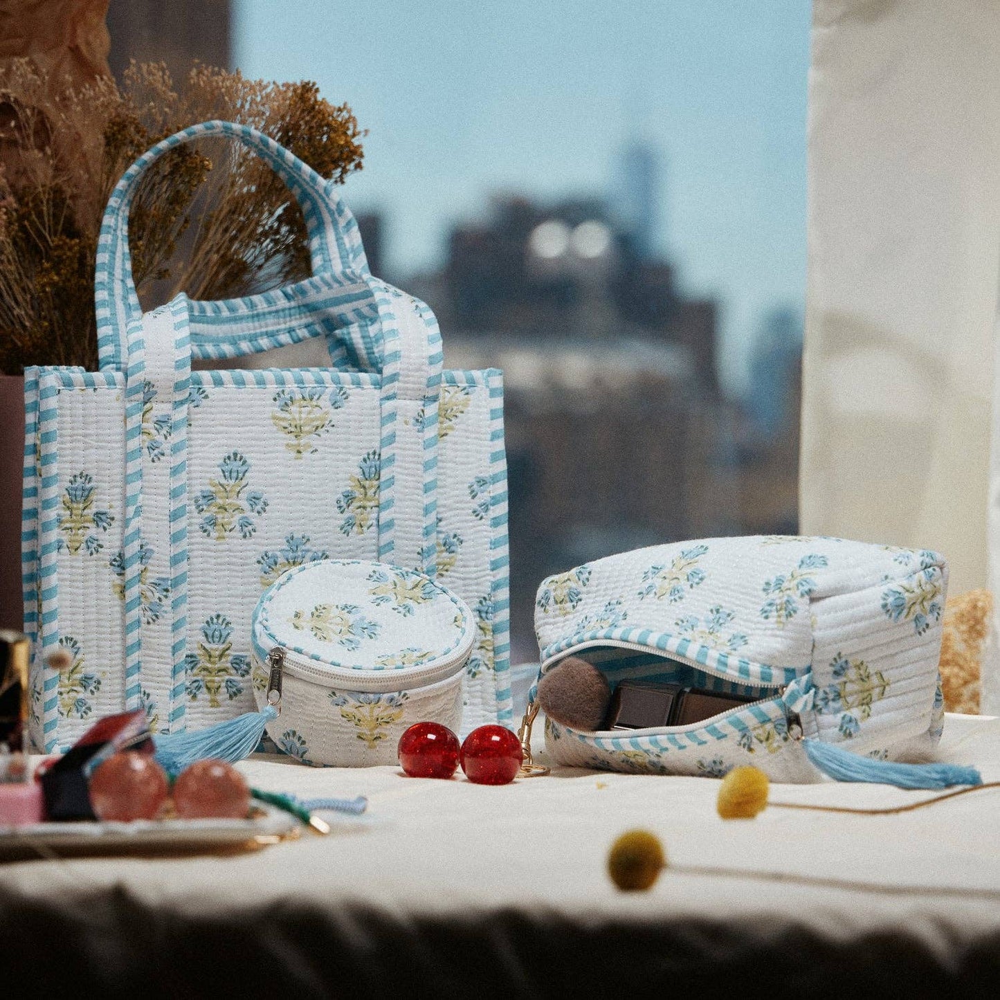 Light Blue Quilted Floral Cosmetic Pouch | Zipper Makeup Bag with Tassel