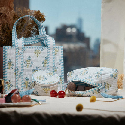 Light Blue Quilted Floral Cosmetic Pouch | Zipper Makeup Bag with Tassel