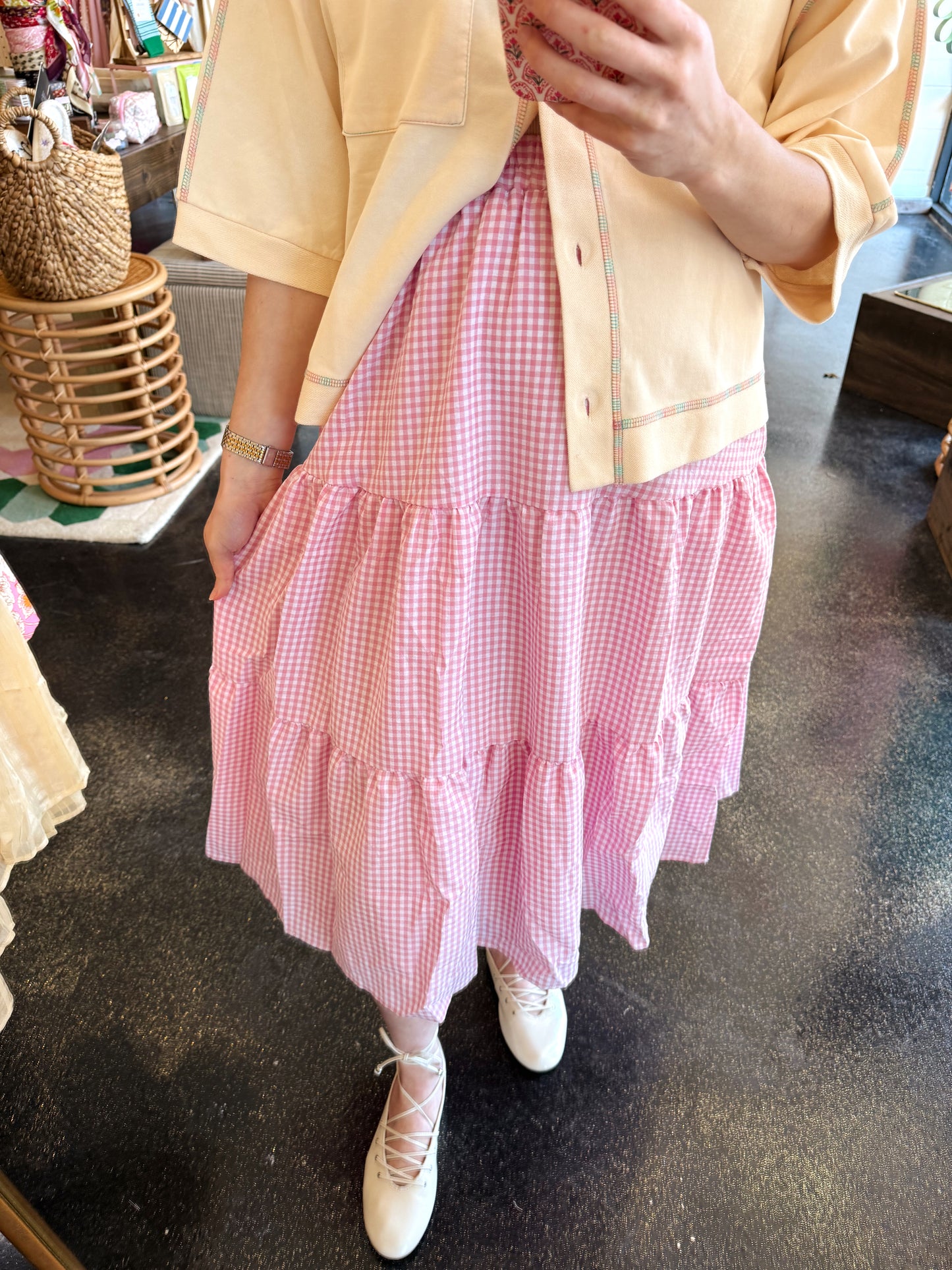 Pink Tiered Gingham Skirt - SMALL