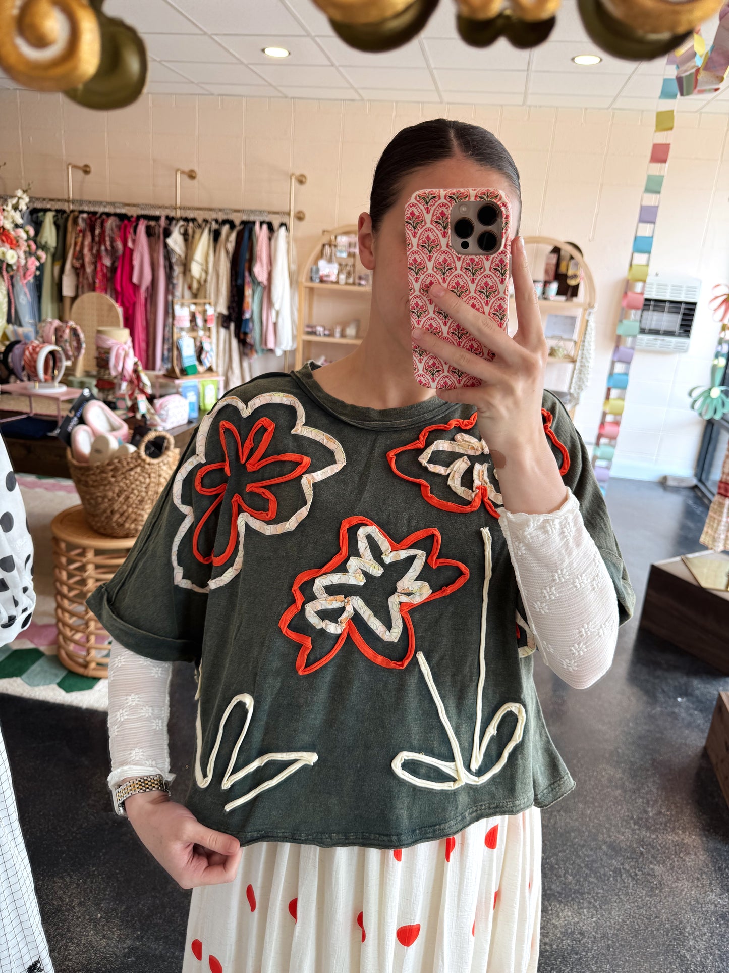 Green Washed Flower Top