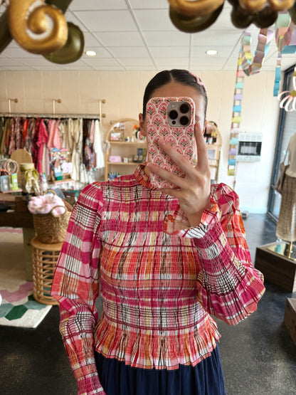 Pink Check Smocked Top