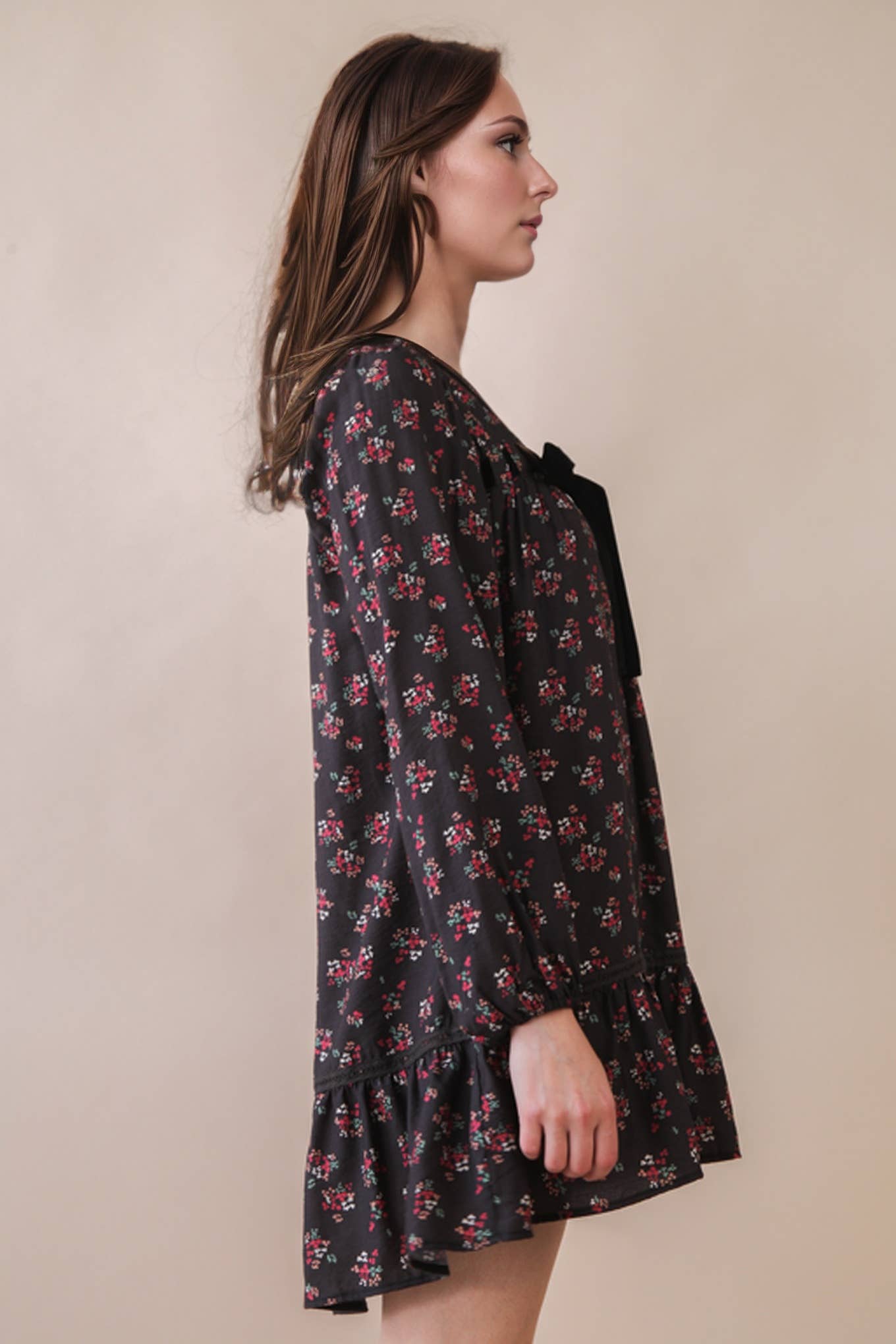 Black Floral Velvet Bow Dress