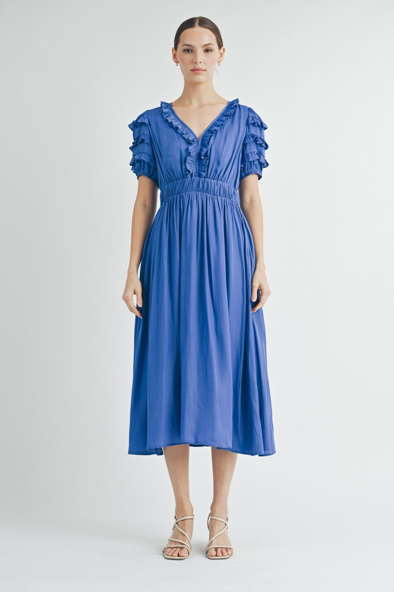 Blue Short Puff Sleeve Dress