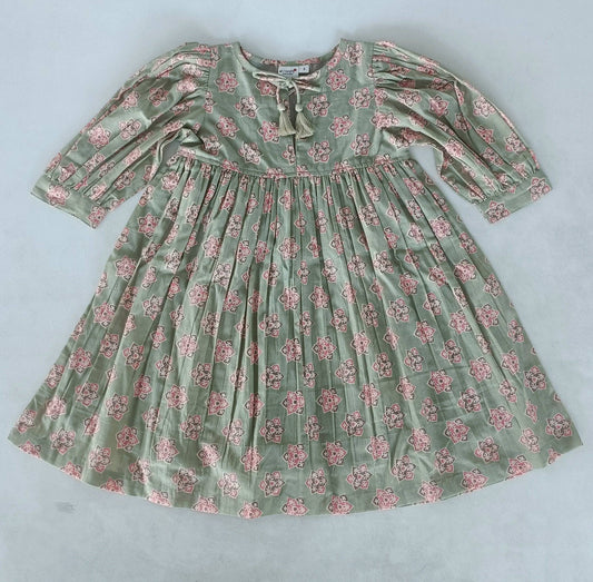 Sage-Green Floral Printed Sleeve Gathered Dress