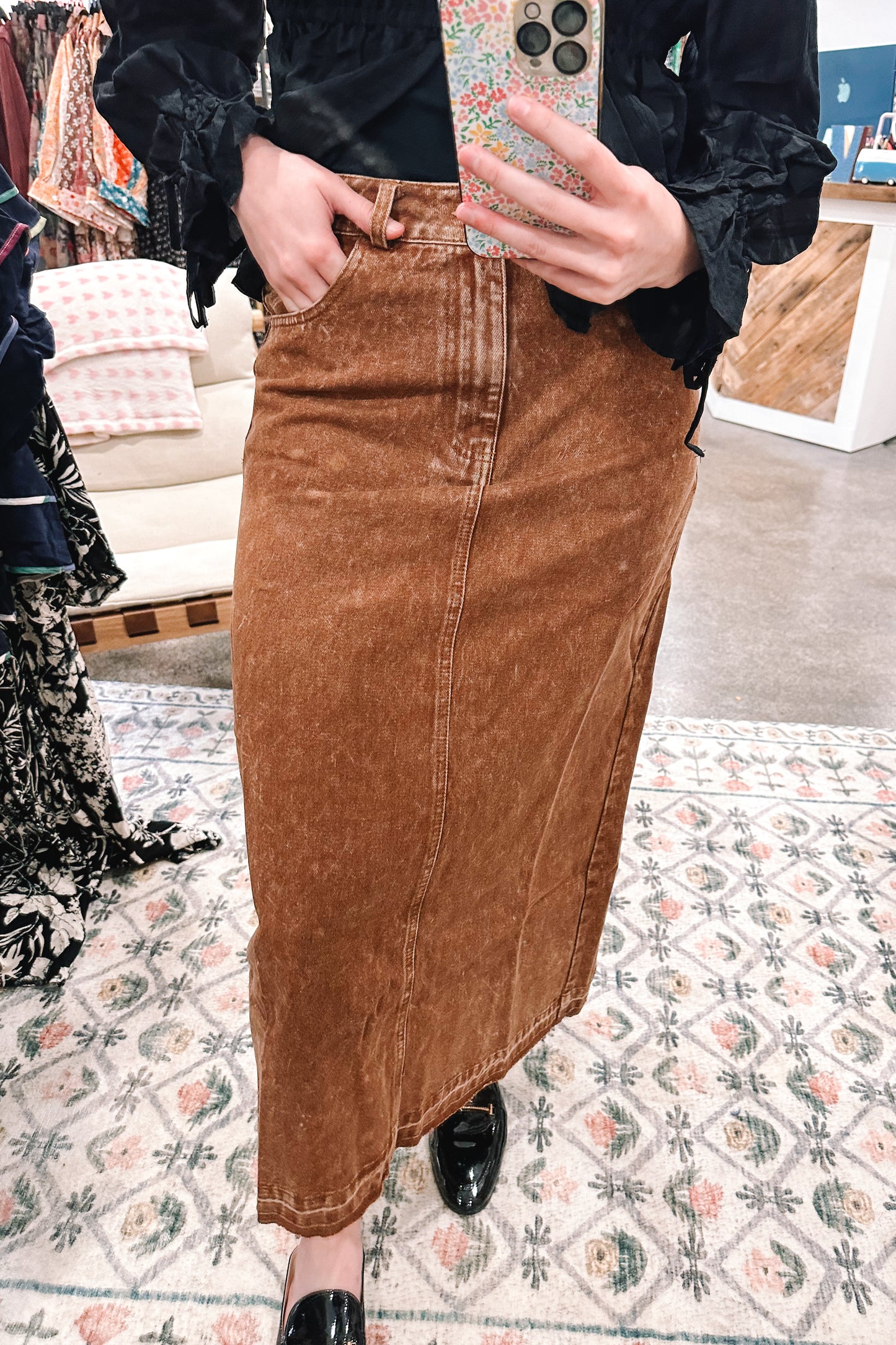 Brown Denim Maxi Skirt - SMALL