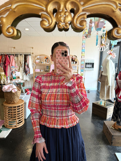 Pink Check Smocked Top