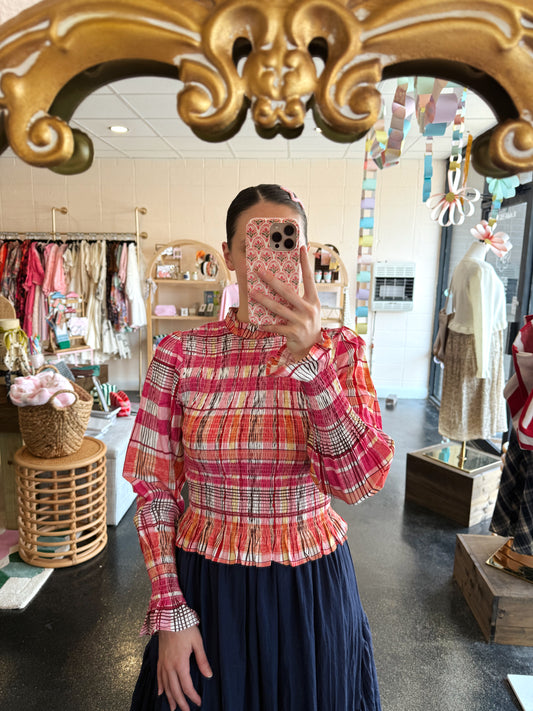 Pink Check Smocked Top