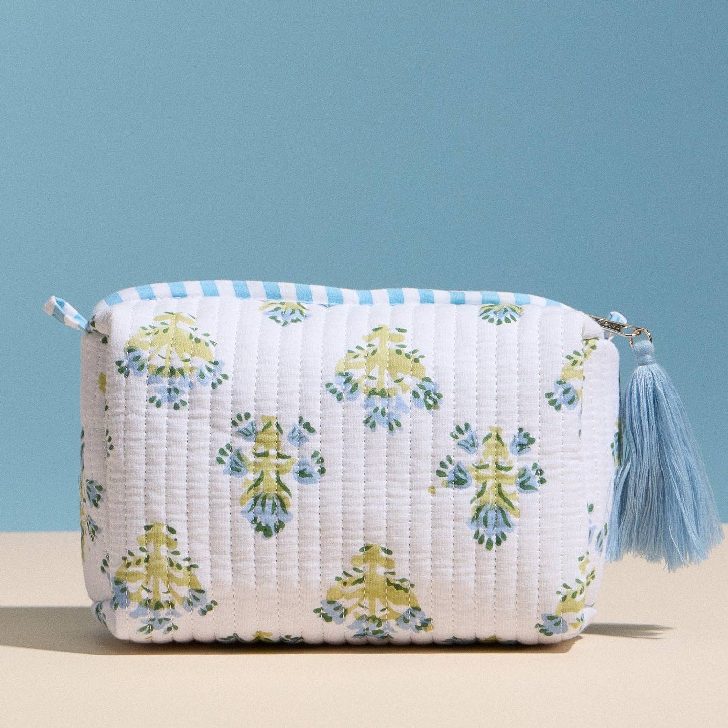 Light Blue Quilted Floral Cosmetic Pouch | Zipper Makeup Bag with Tassel