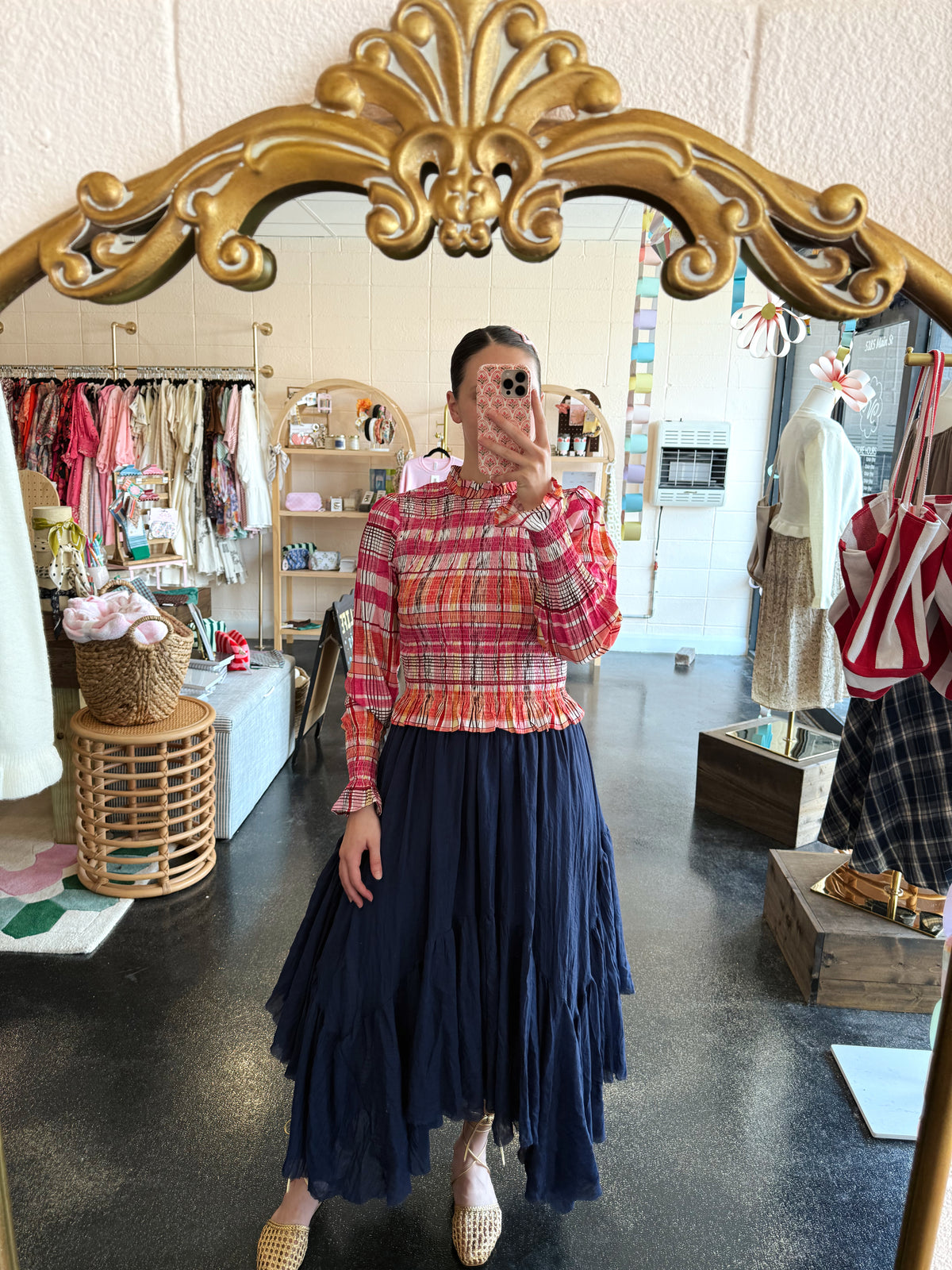 Pink Check Smocked Top