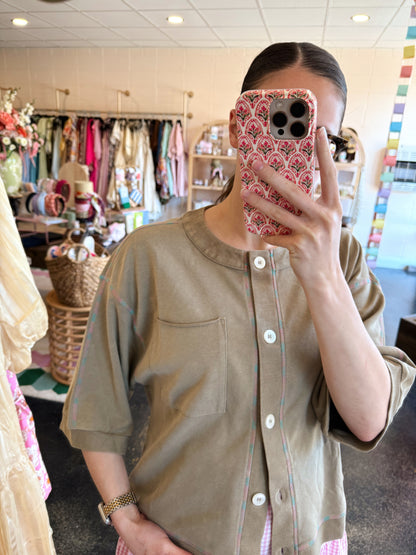 Colorful Stitch Top - LIGHT OLIVE LARGE
