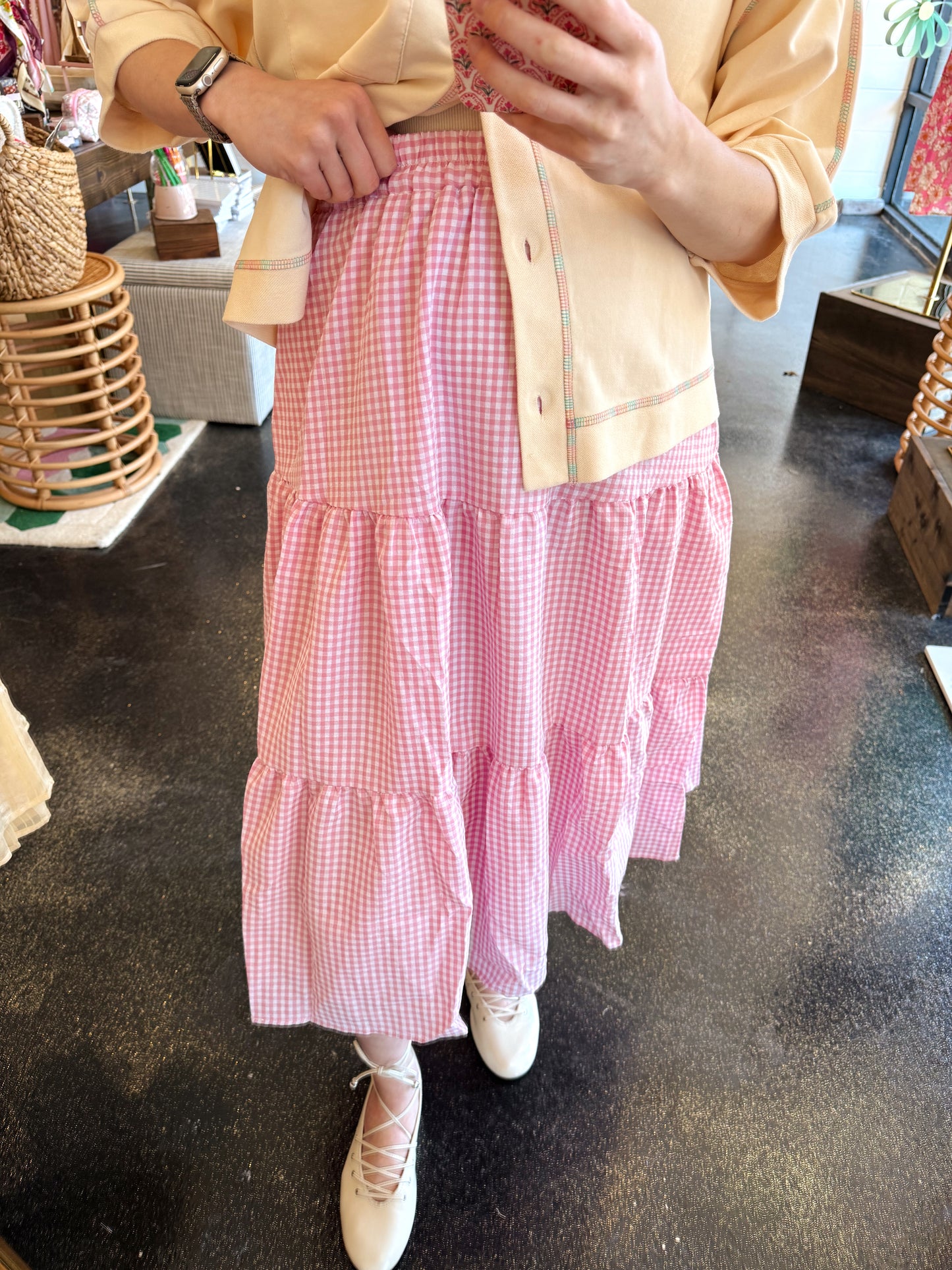 Pink Tiered Gingham Skirt - SMALL