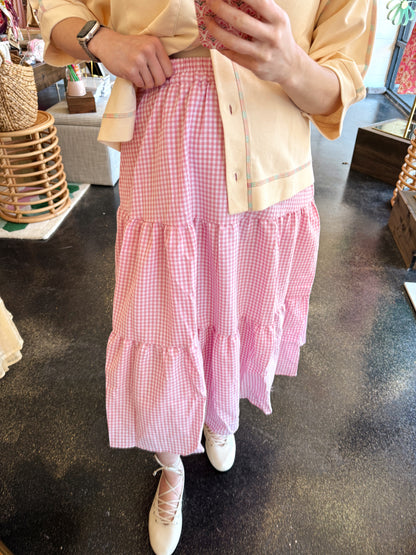 Pink Tiered Gingham Skirt - SMALL