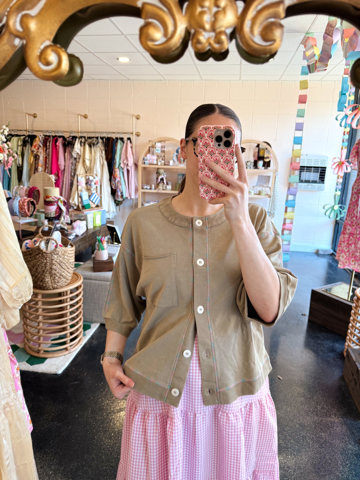 Colorful Stitch Top - LIGHT OLIVE LARGE