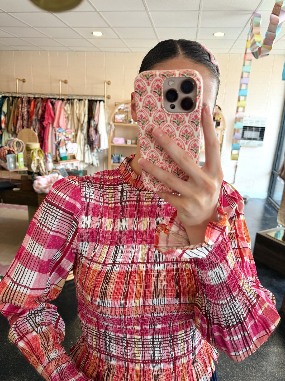 Pink Check Smocked Top