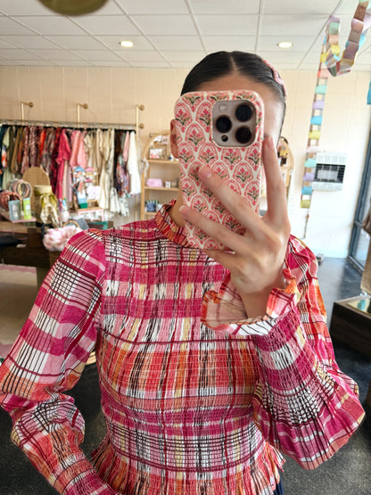 Pink Check Smocked Top