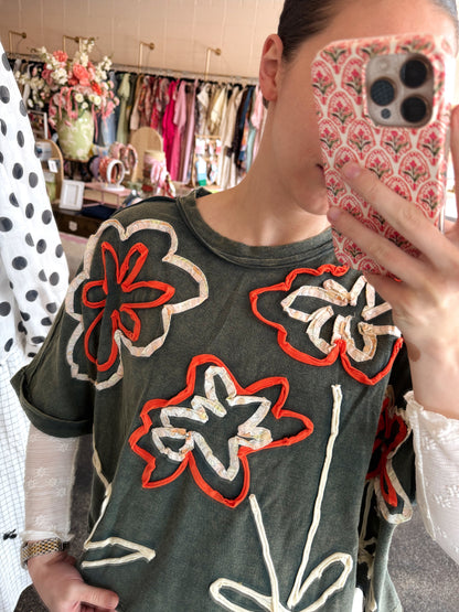 Green Washed Flower Top