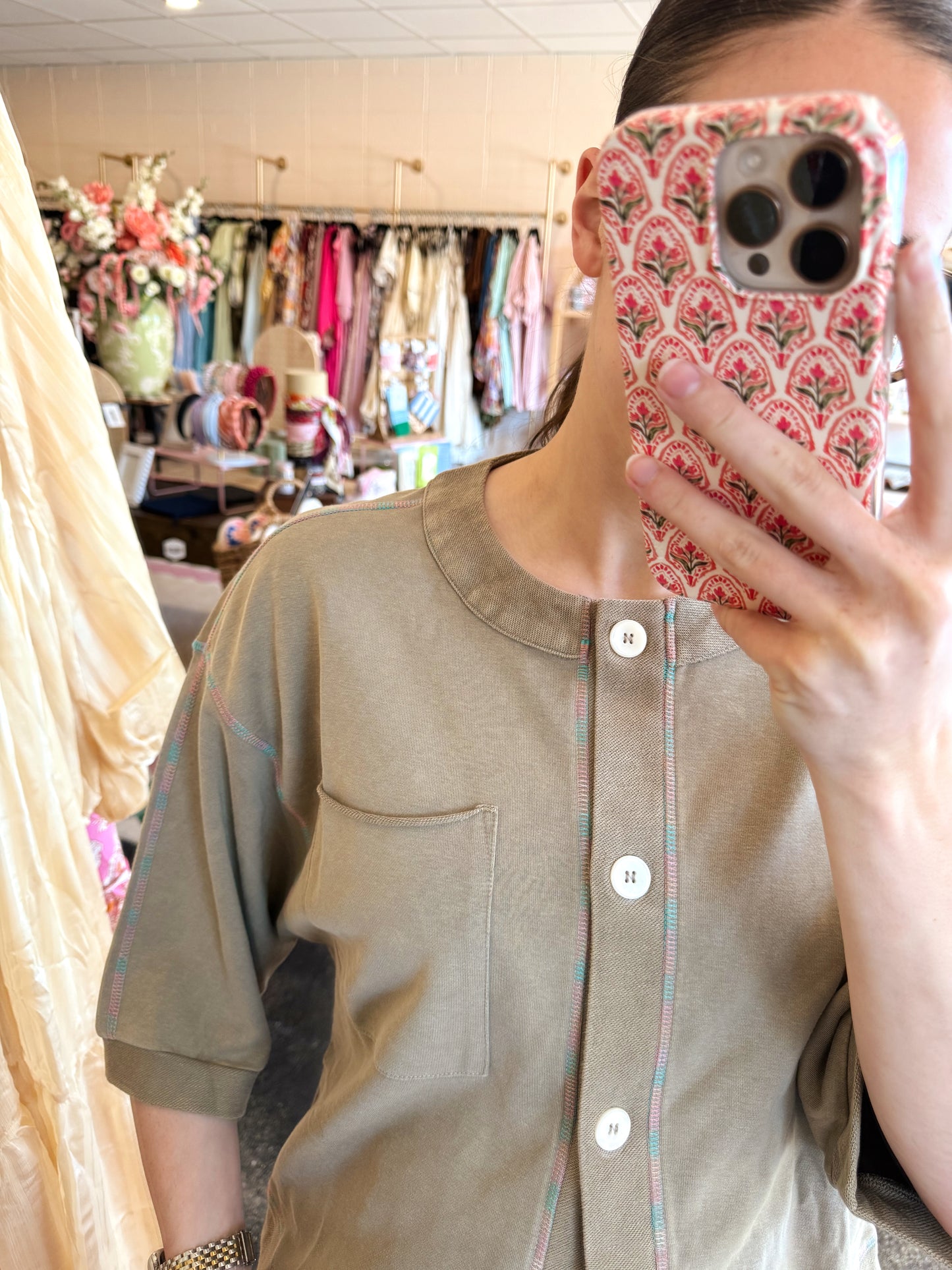Colorful Stitch Top - LIGHT OLIVE LARGE