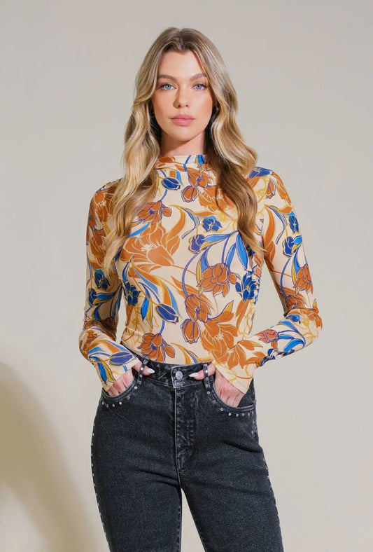 Taupe Blue Printed Mesh Top