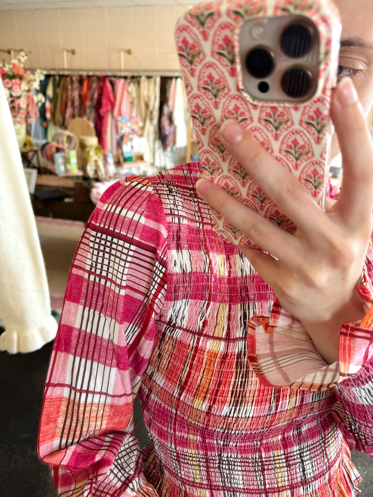 Pink Check Smocked Top