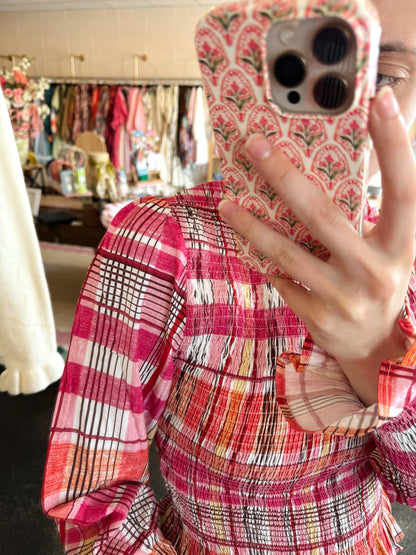 Pink Check Smocked Top