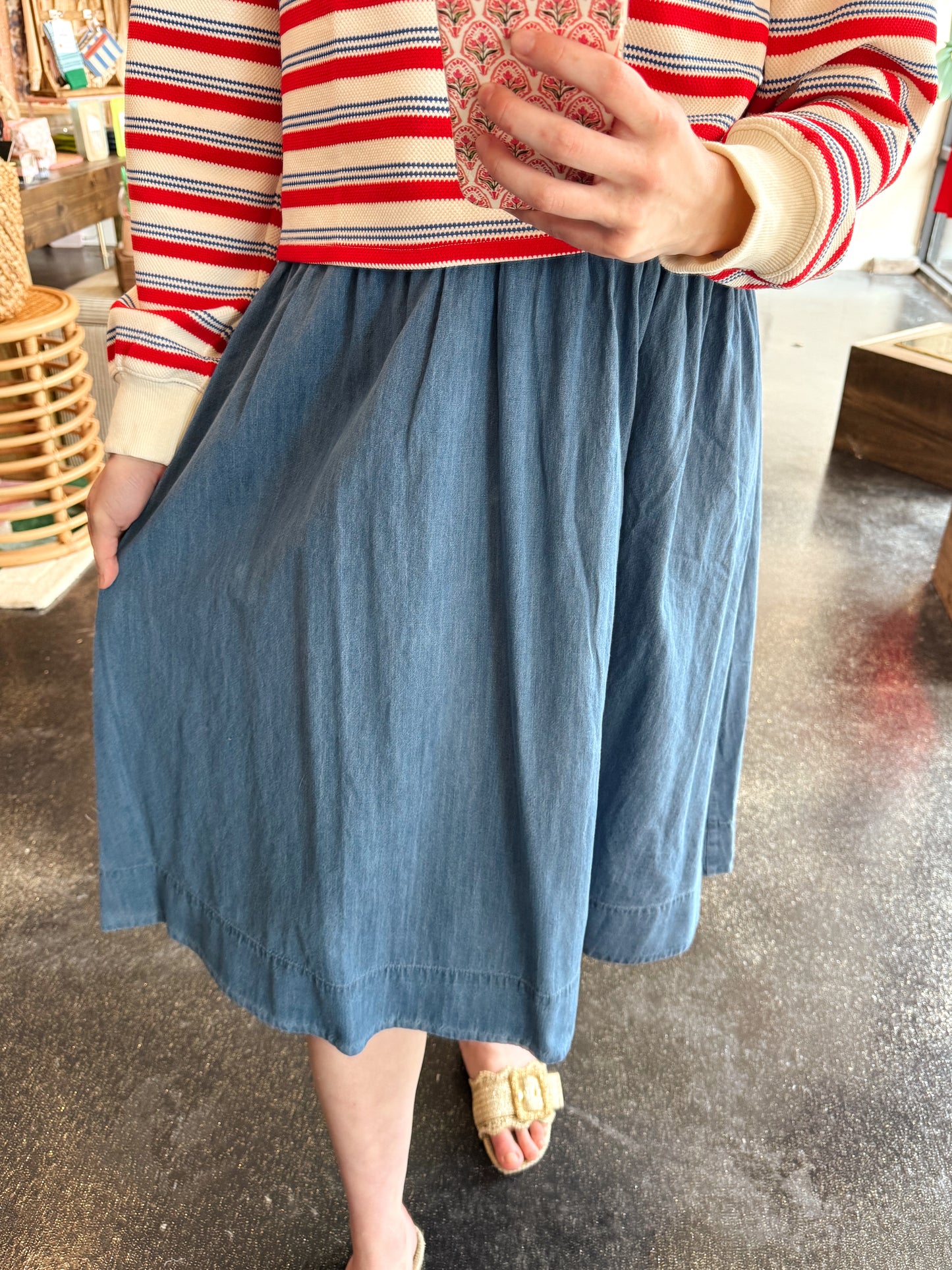 Smocked Denim Skirt