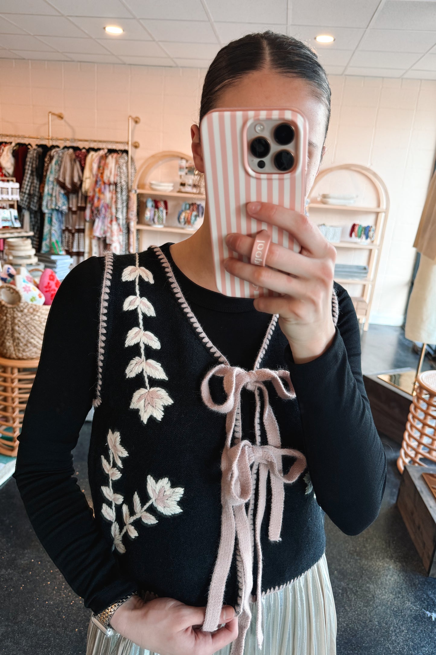 Black Floral Tie Vest