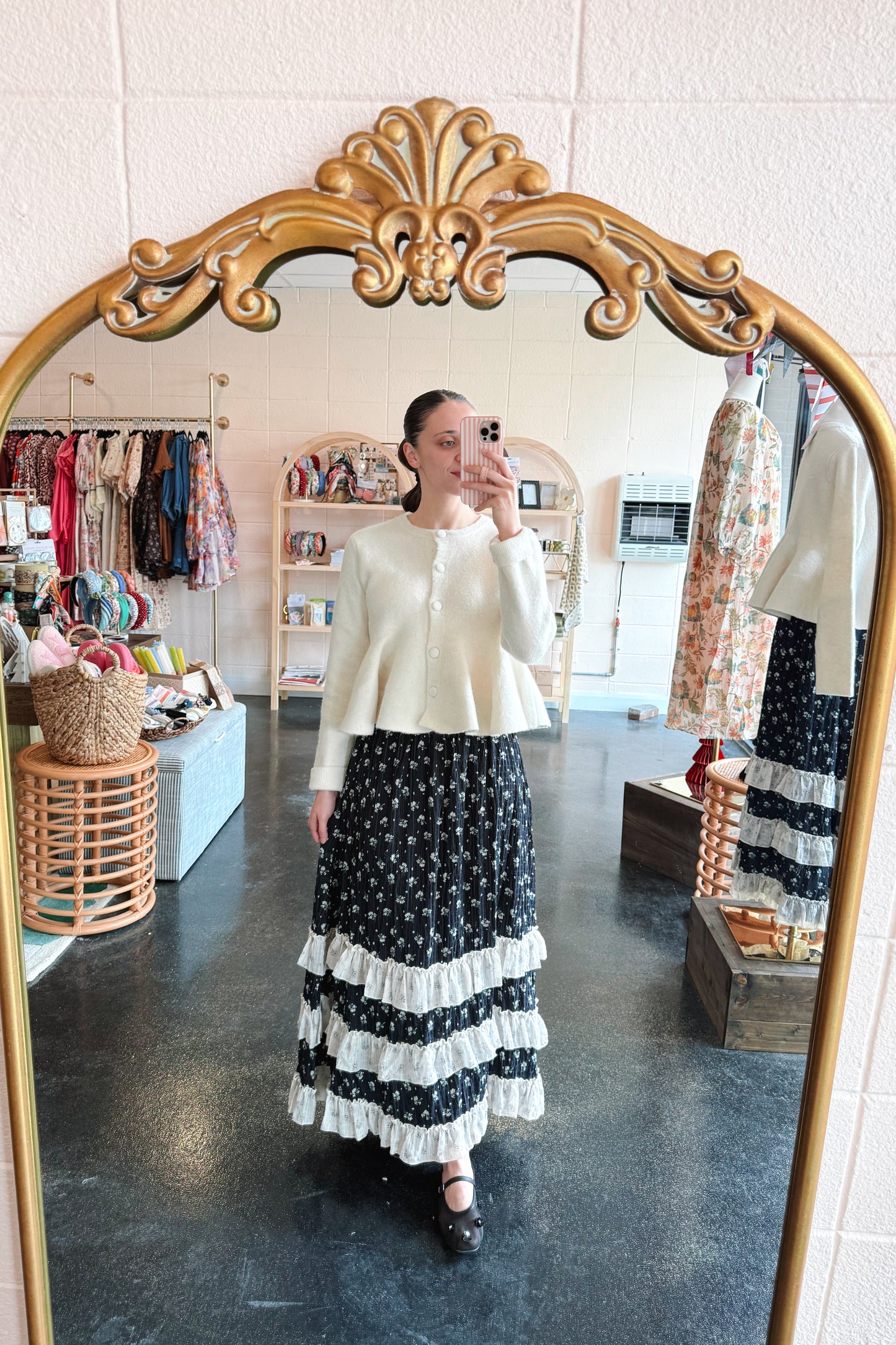 Navy Contrast Floral Skirt