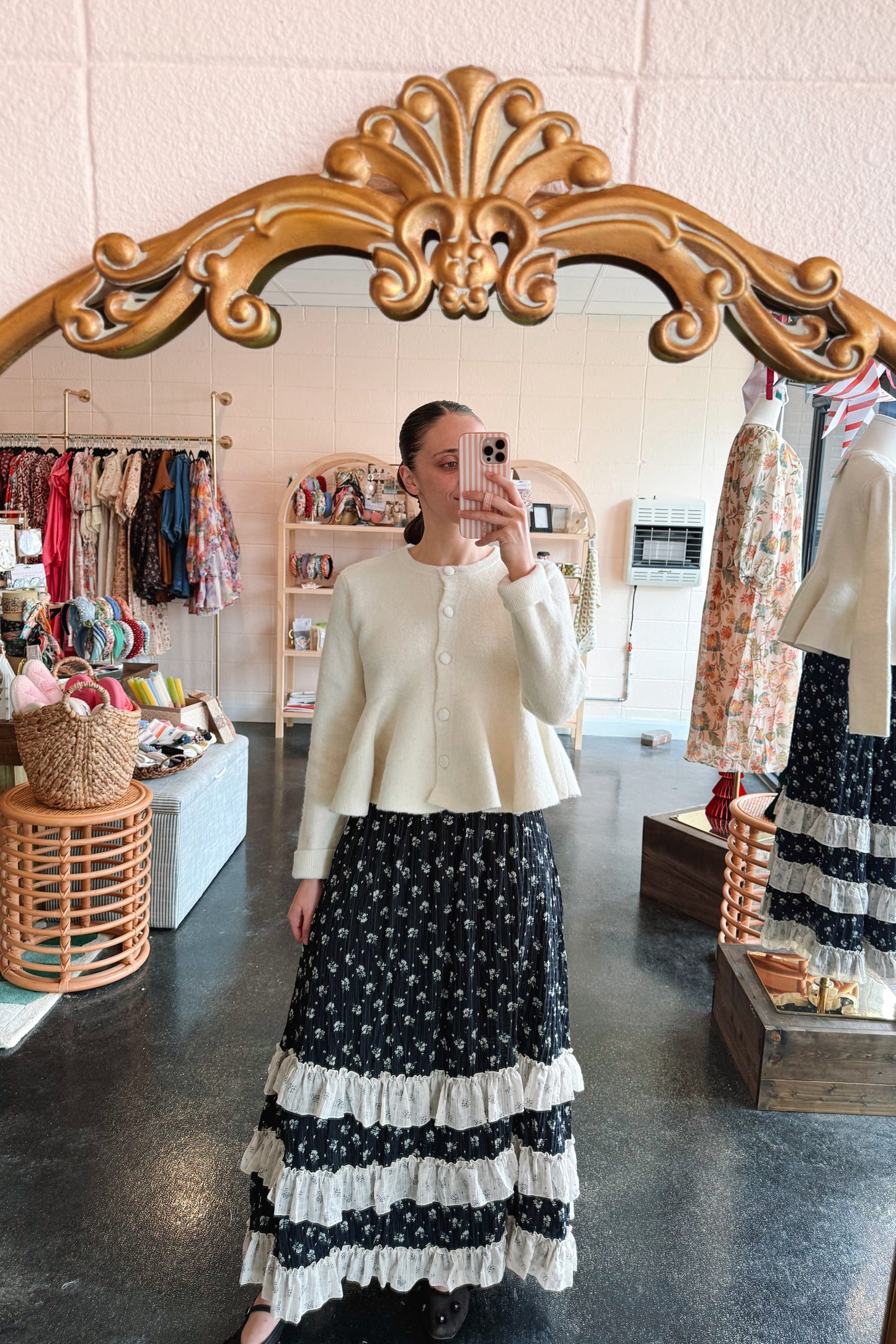 Navy Contrast Floral Skirt