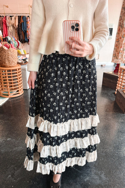 Navy Contrast Floral Skirt