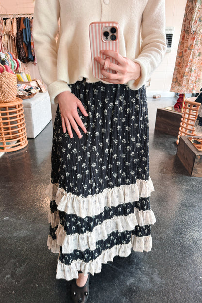 Navy Contrast Floral Skirt