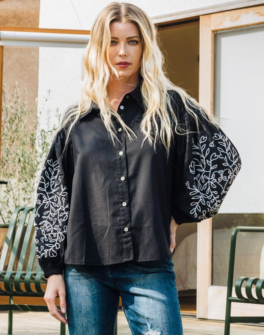 Embroidered Sleeve Top in Black - SMALL