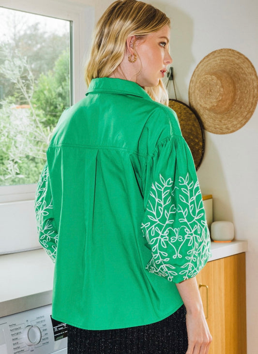 Embroidered Sleeve Top in Green