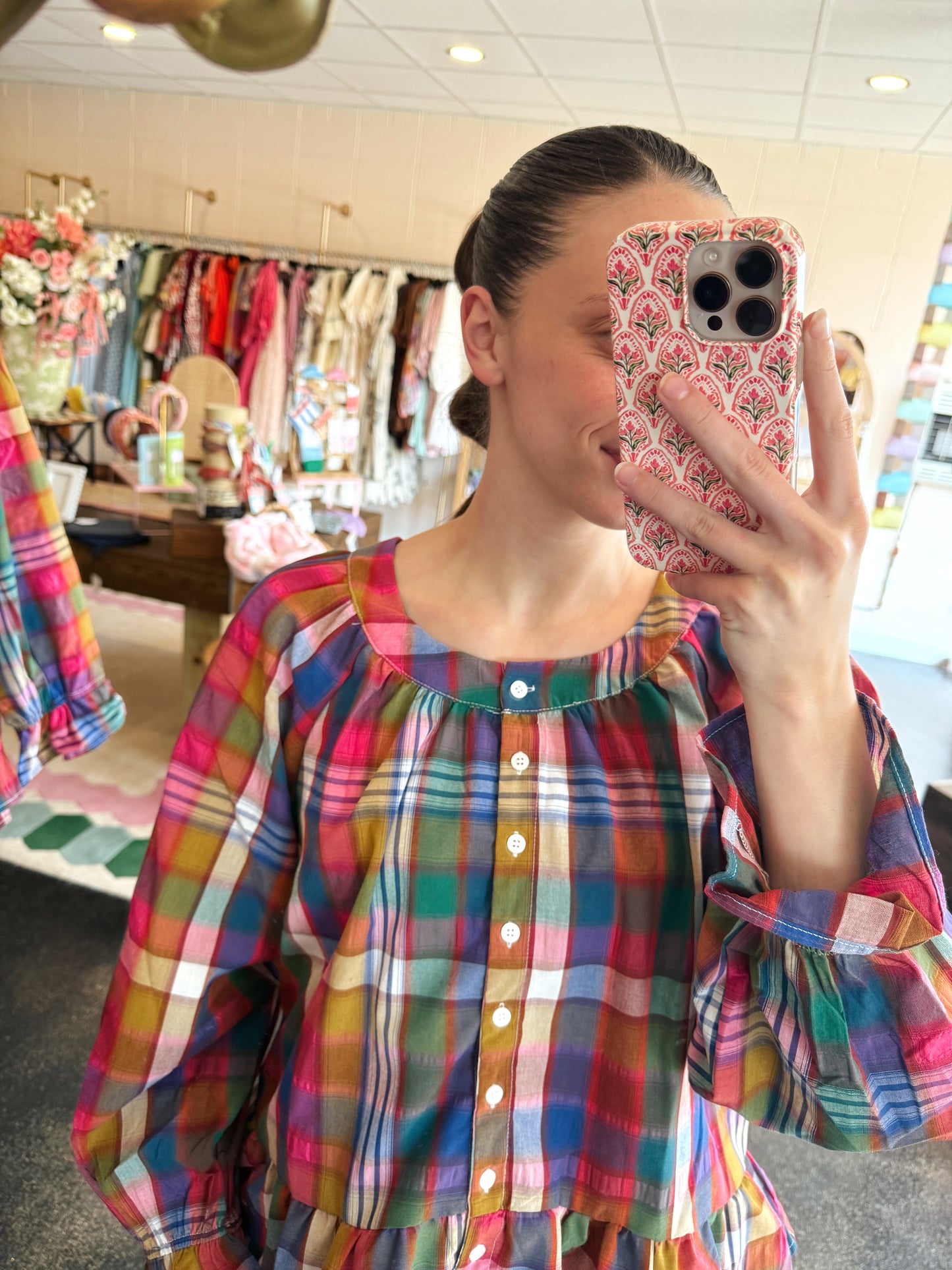 Pink/Navy Plaid Top