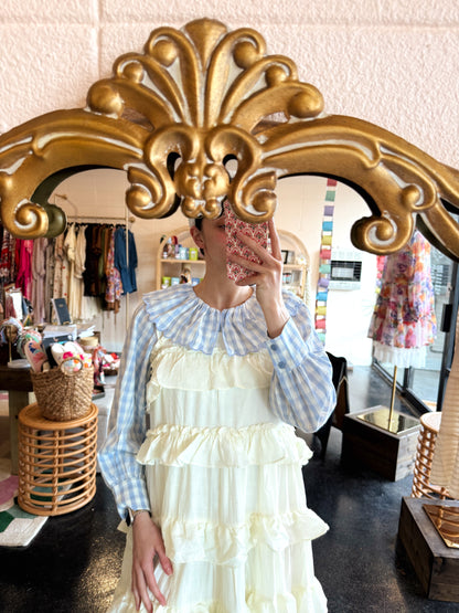 Blue Gingham Plaid Collar Top